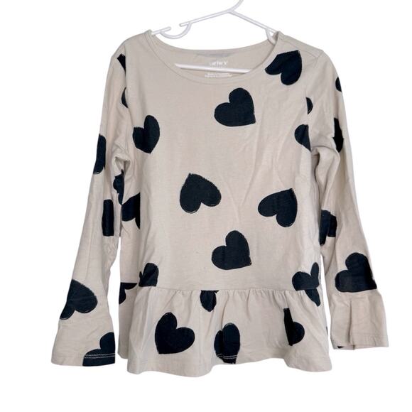Carters Heart Print Knit Top Long Sleeves Scoop Neck 100% Cotton Beige Black S - Picture 8 of 8